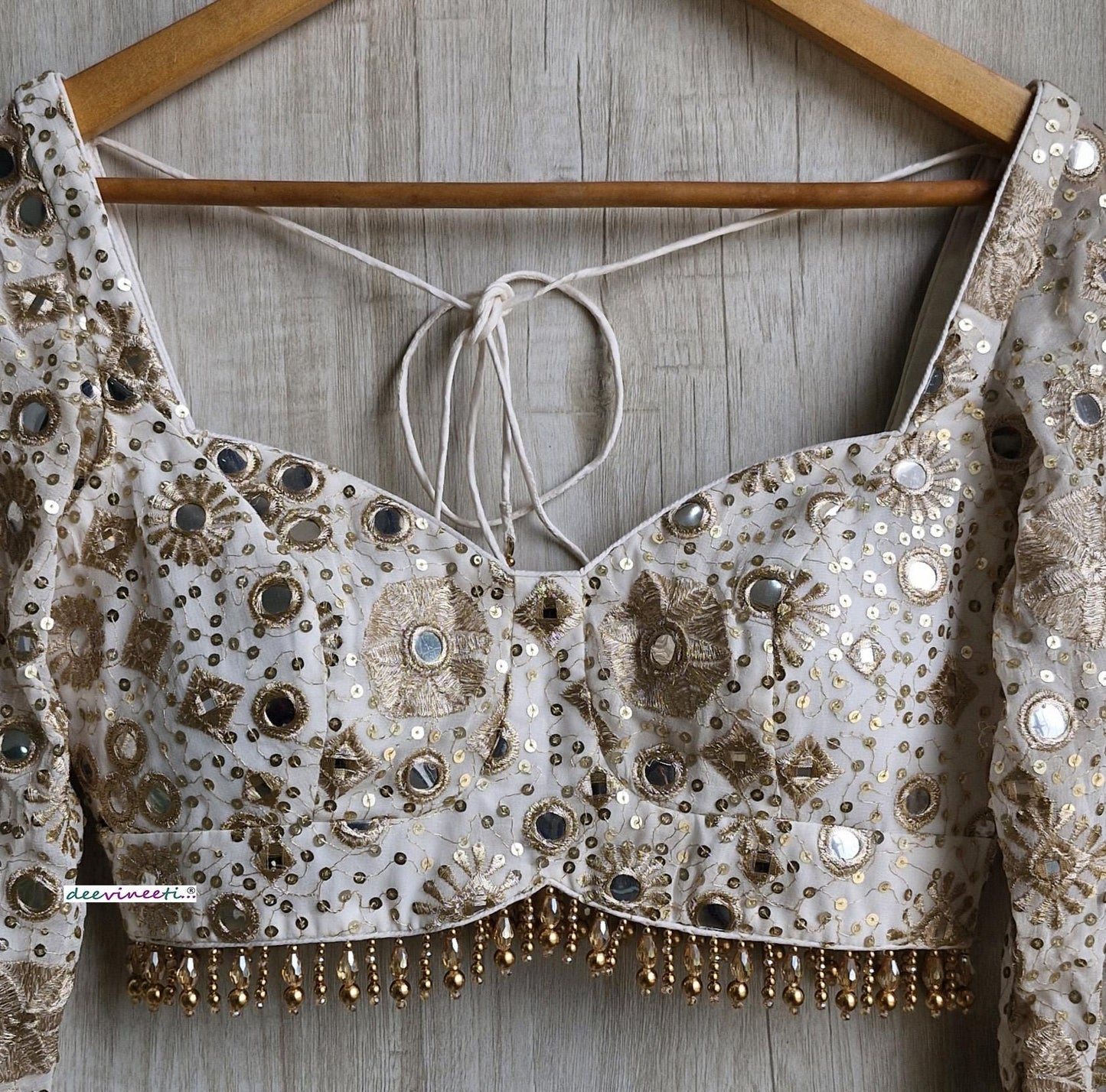 Ivory and Gold Embroidered Sweetheart Neck Long Sleeves Blouse DVBL_373