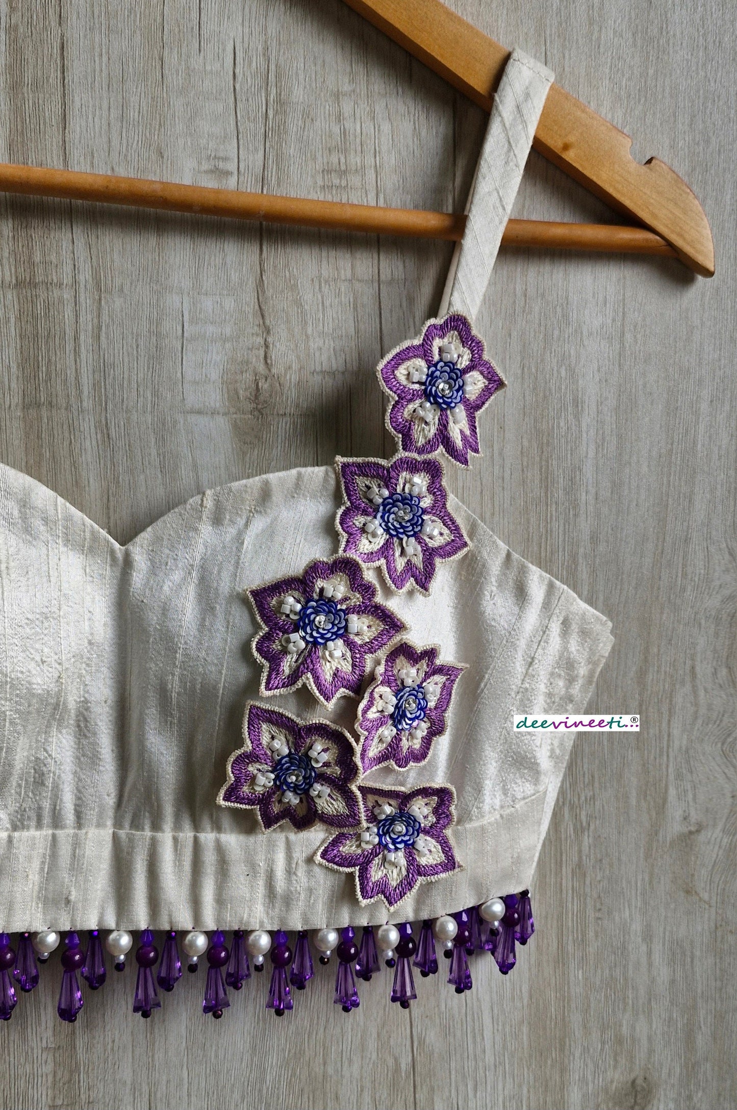 Ivory Hand Embroidered Pure Raw Silk Spaghetti Blouse DVBL_364