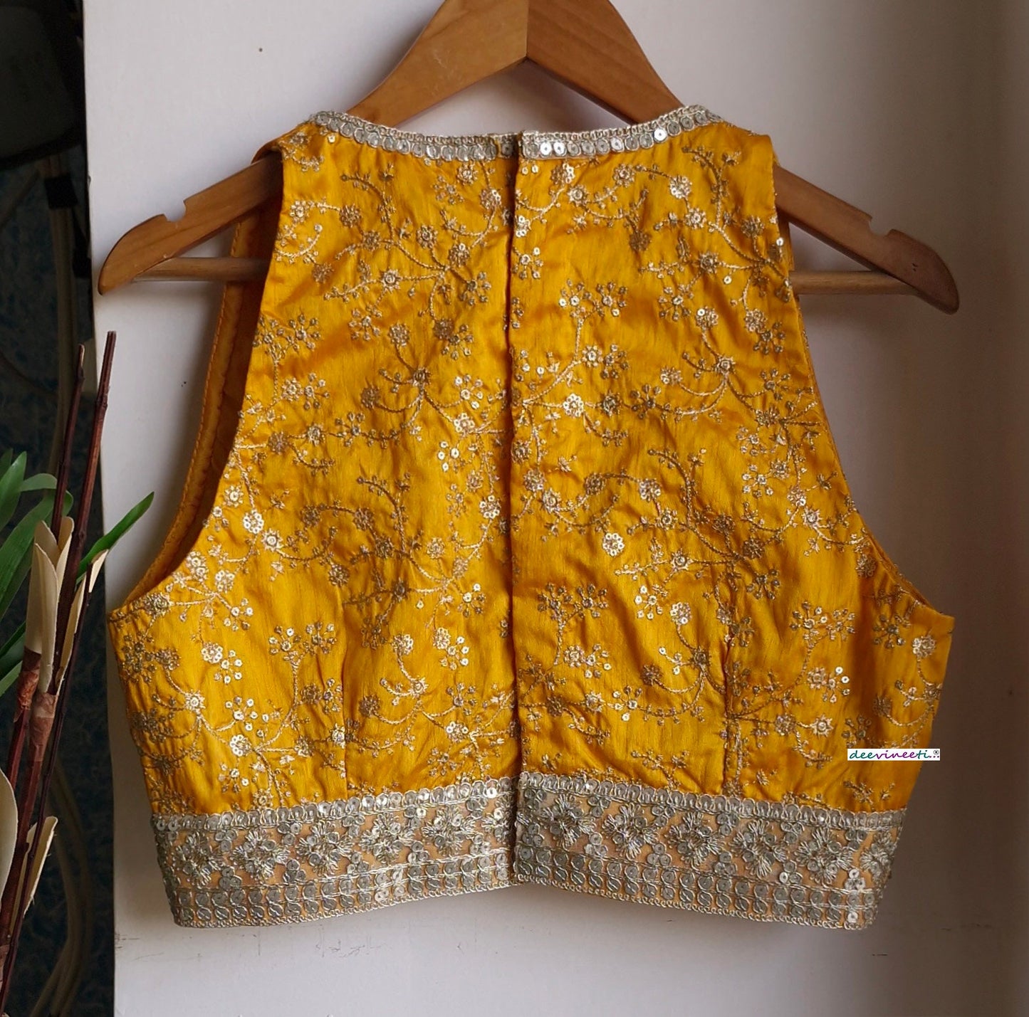 Embroidered Amber Yellow and Gold Plunge Neckline Blouse DVBL_358