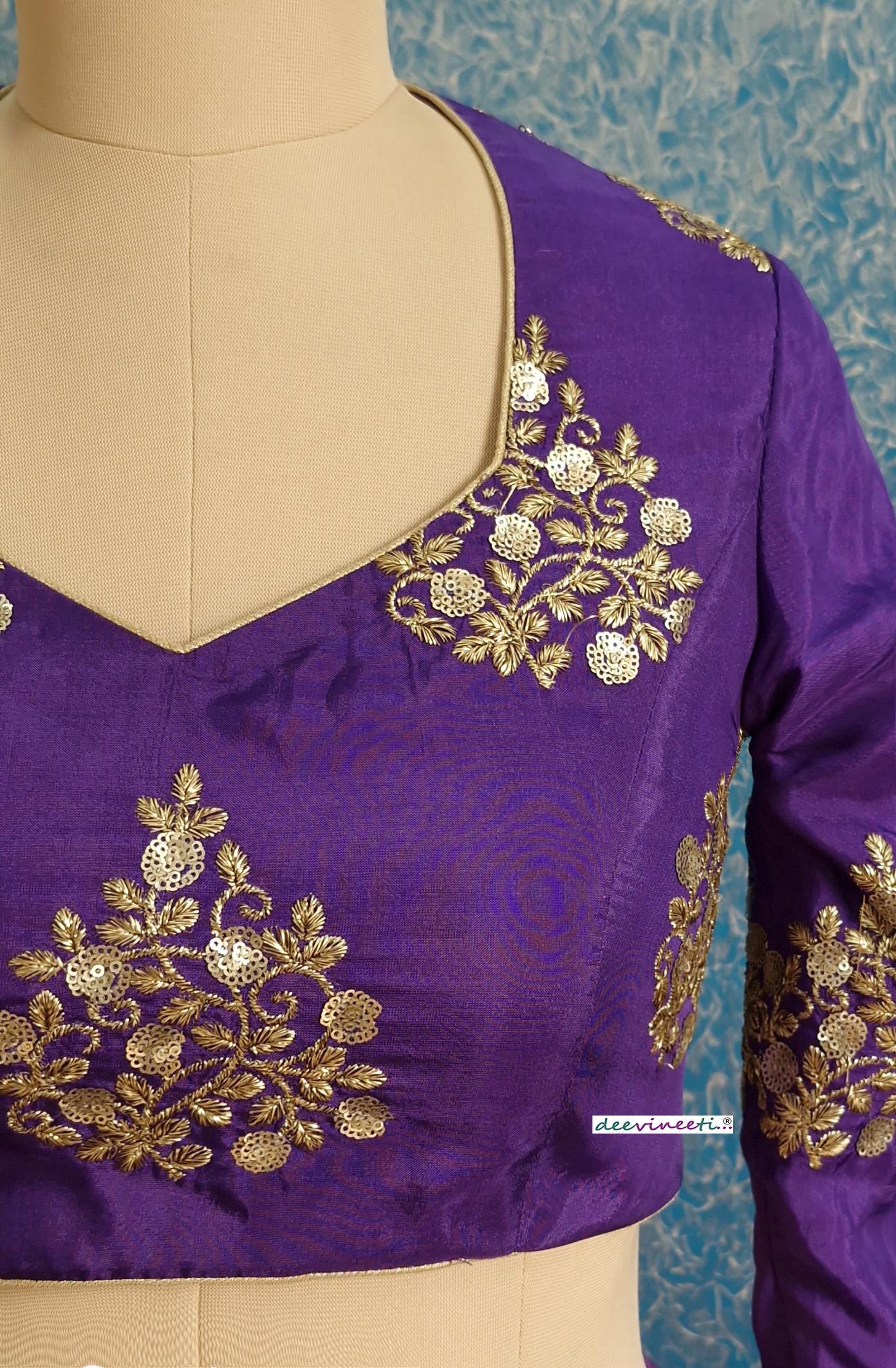 Purple Embroidered Silk Three Fourth Sleeves Blouse DVBL_384