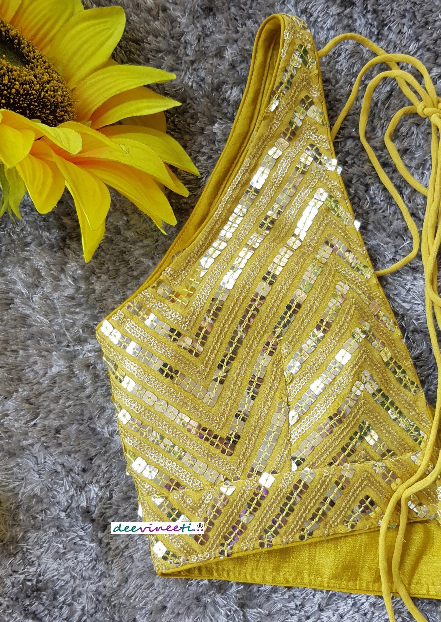 Yellow Sequins Embroidered Blouse Deep V Neck Blouse DVBL_217