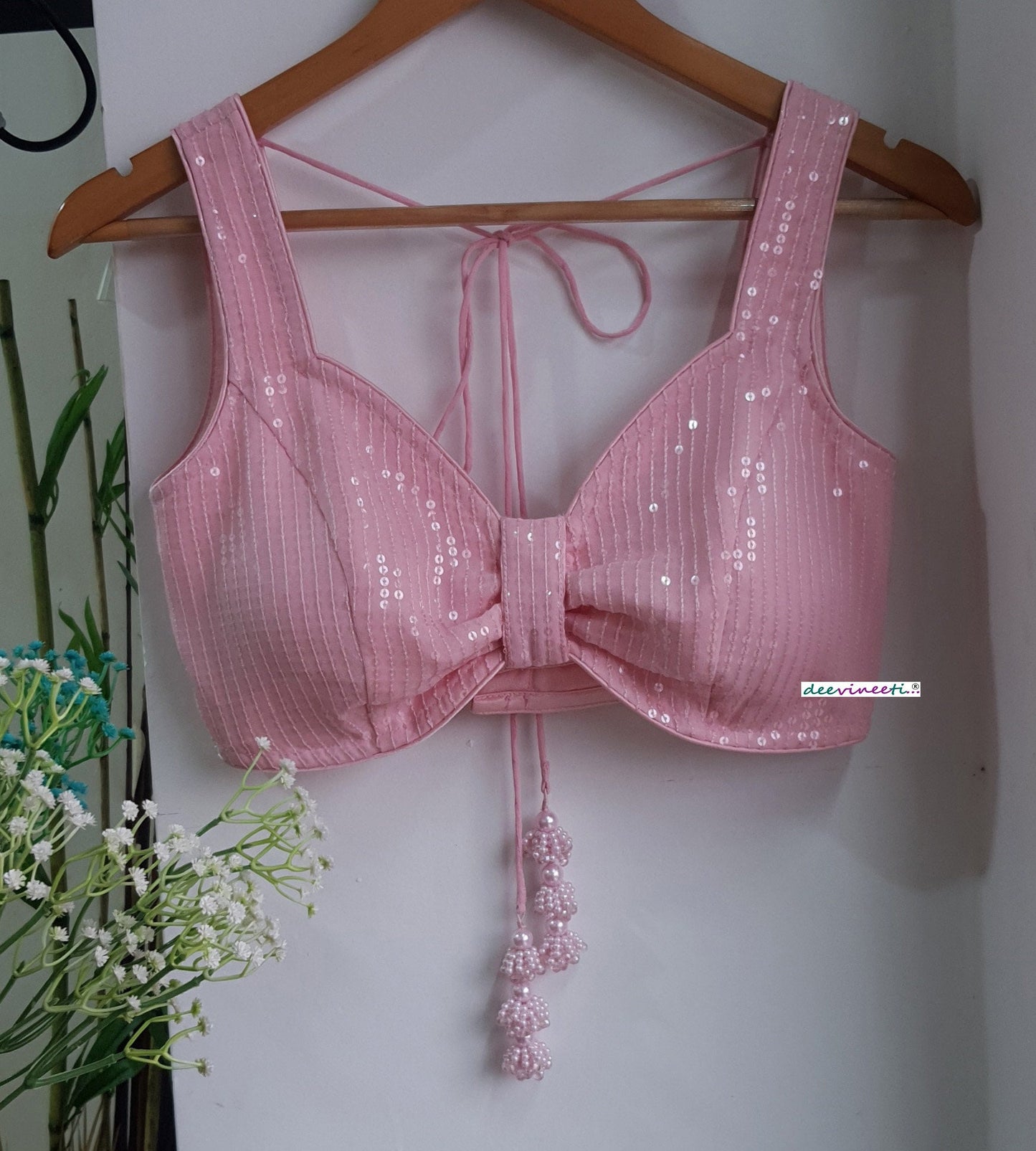 Sequins Embroidered  Pink  Sweetheart Neck Blouse DVBL_288