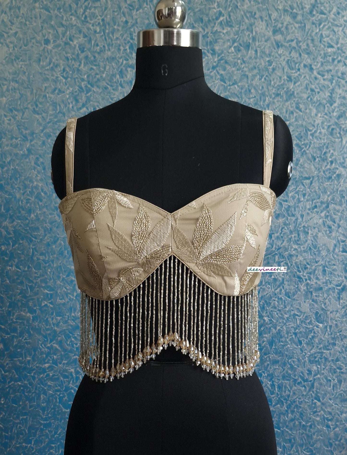 Beige Embroidered Net Spaghetti Blouse with Beads Fringes DVBL_389