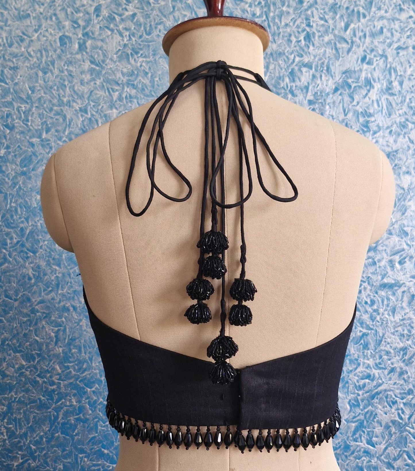 Black Raw Silk Blouse Deep Sweetheart Halter Neck  DVBL_430