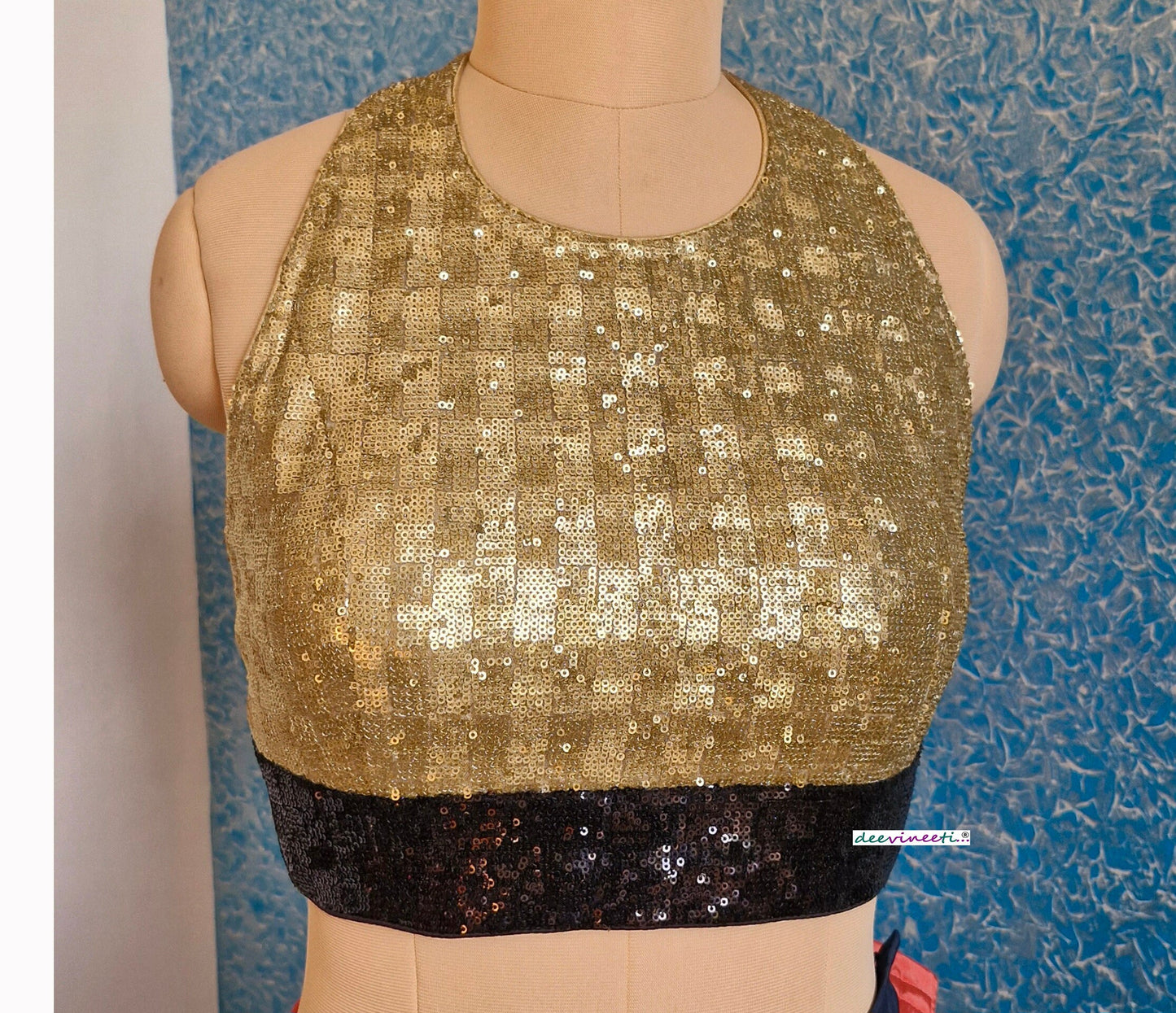 Gold and Black Sequins Halter Neck Backless Blouse DVBL_337