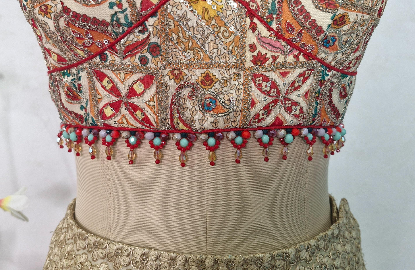 Embroidered Multicolor Chinon Deep Sweetheart Neck Blouse DVBL_434