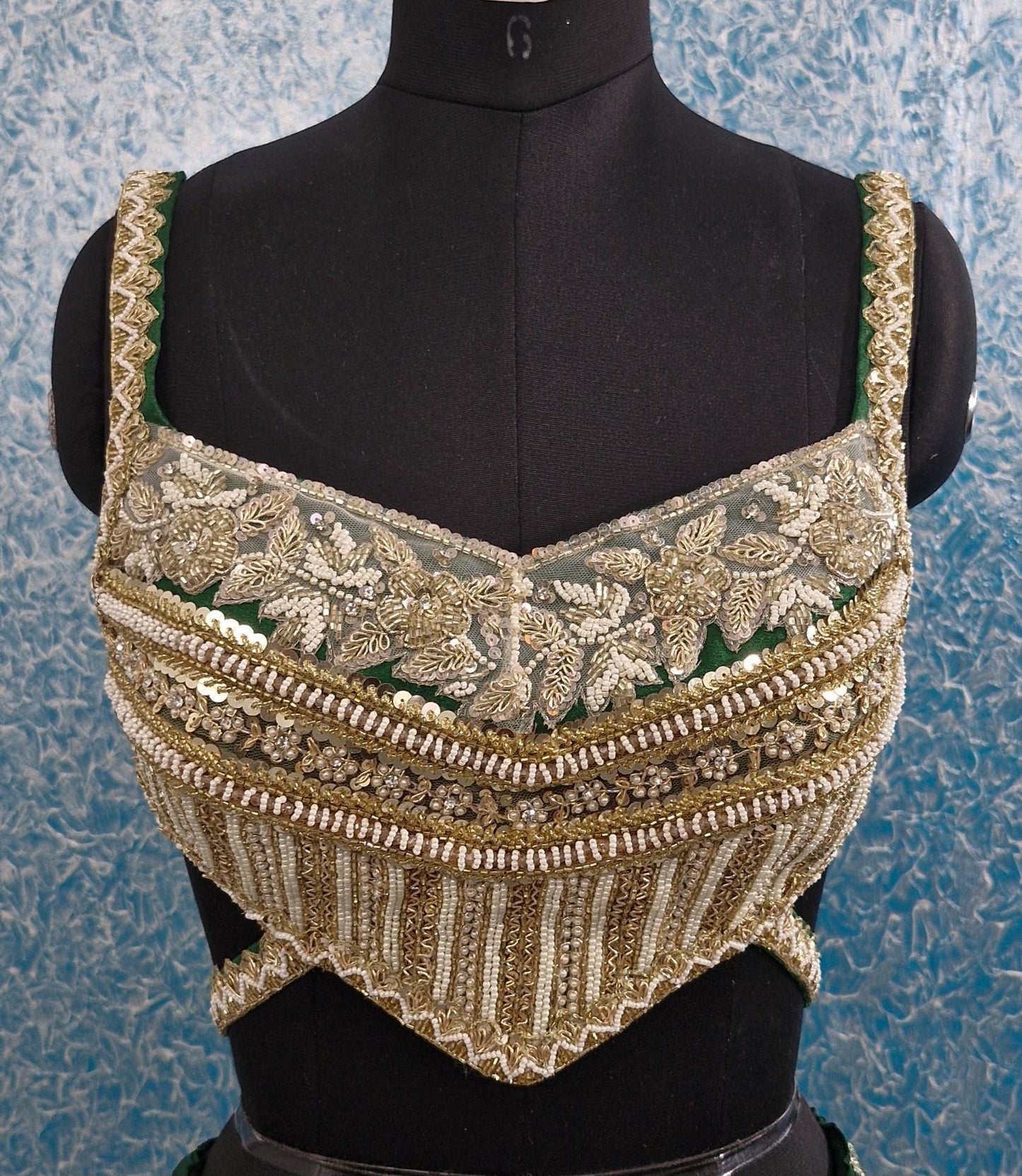 Hand Embroidered Green Raw Silk Backless Blouse DVBL_433