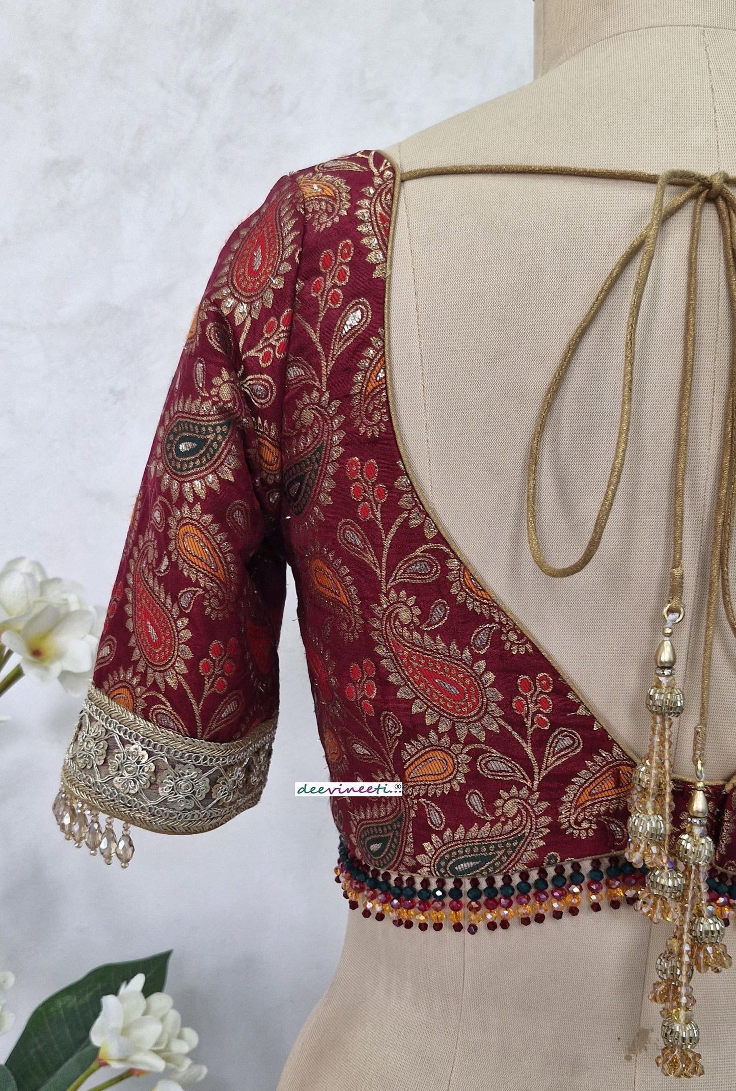 Maroon Brocade Deep Sweetheart Neck Half Sleeves Blouse DVBL_403