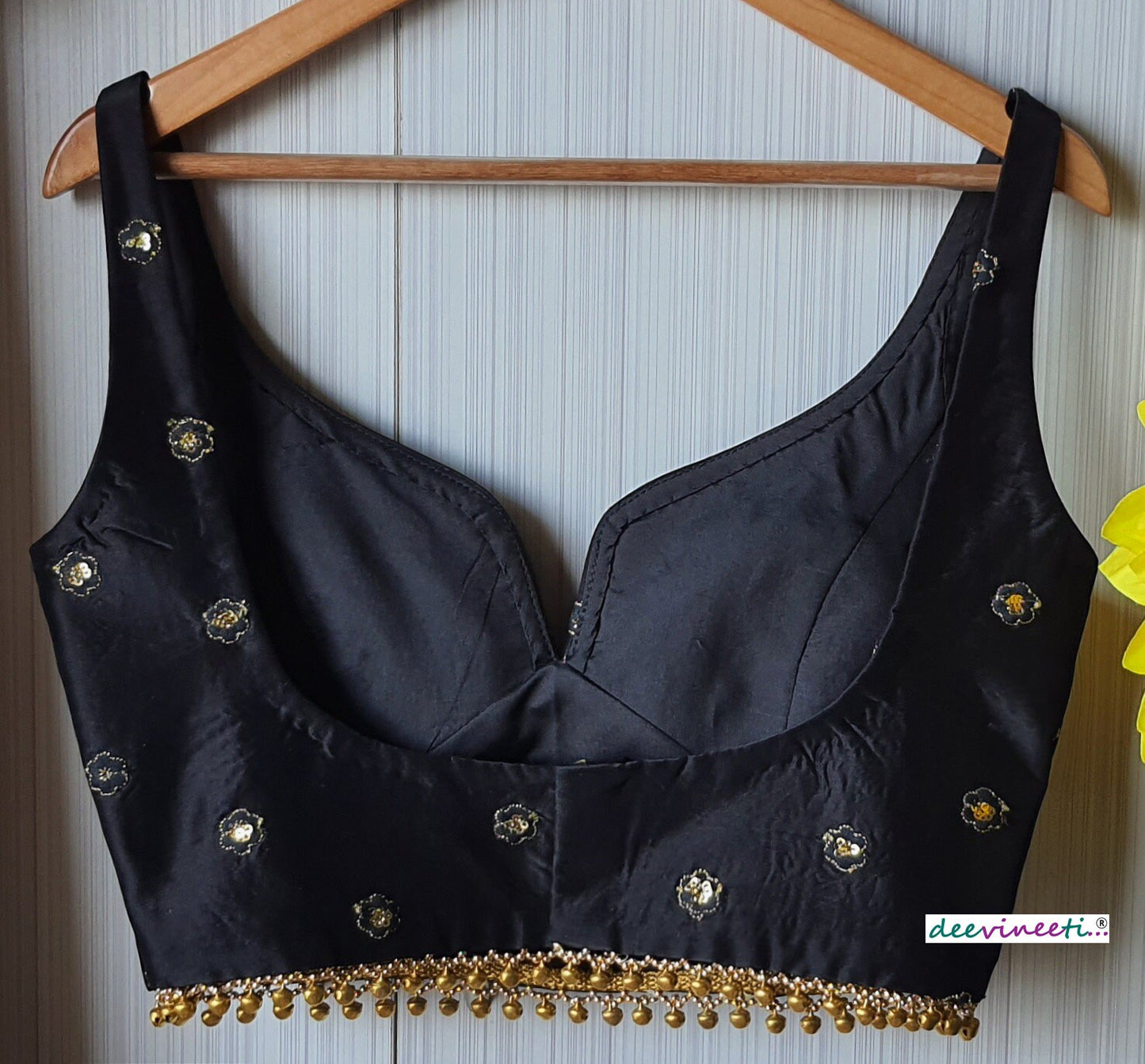 Black Silk Embroidered Sweetheart Neck Blouse DVBL_091