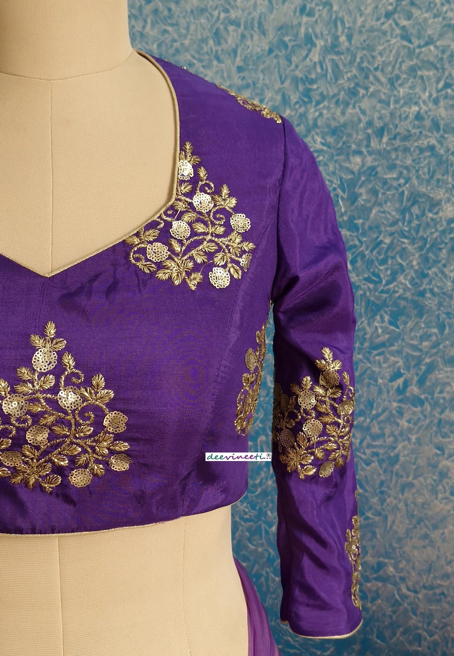 Purple Embroidered Silk Three Fourth Sleeves Blouse DVBL_384