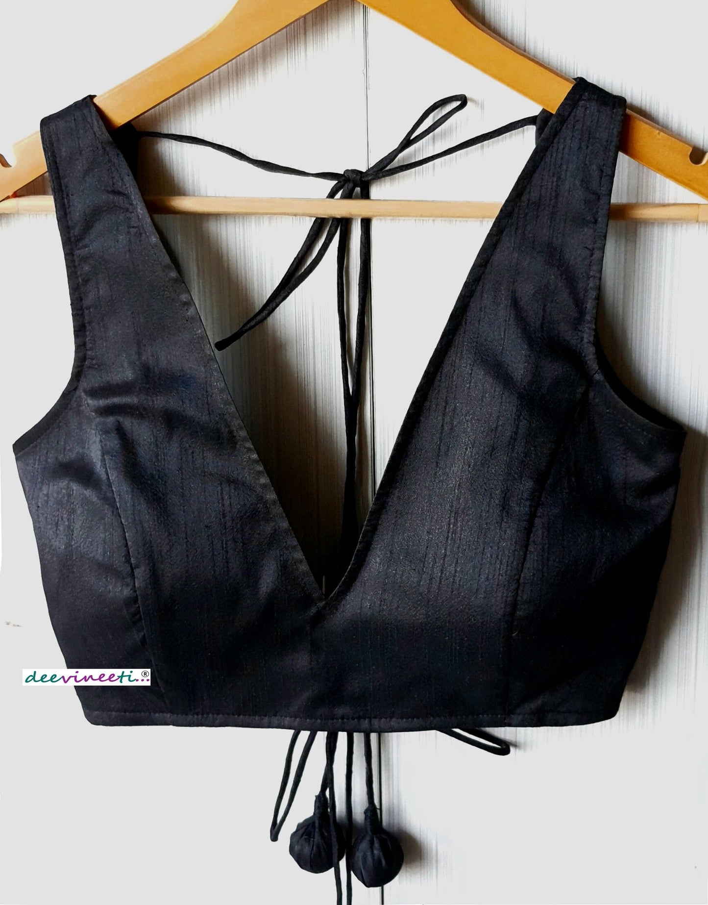 Raw Silk Deep V Neck Solid Blouse with Scallop Back DVBL_063