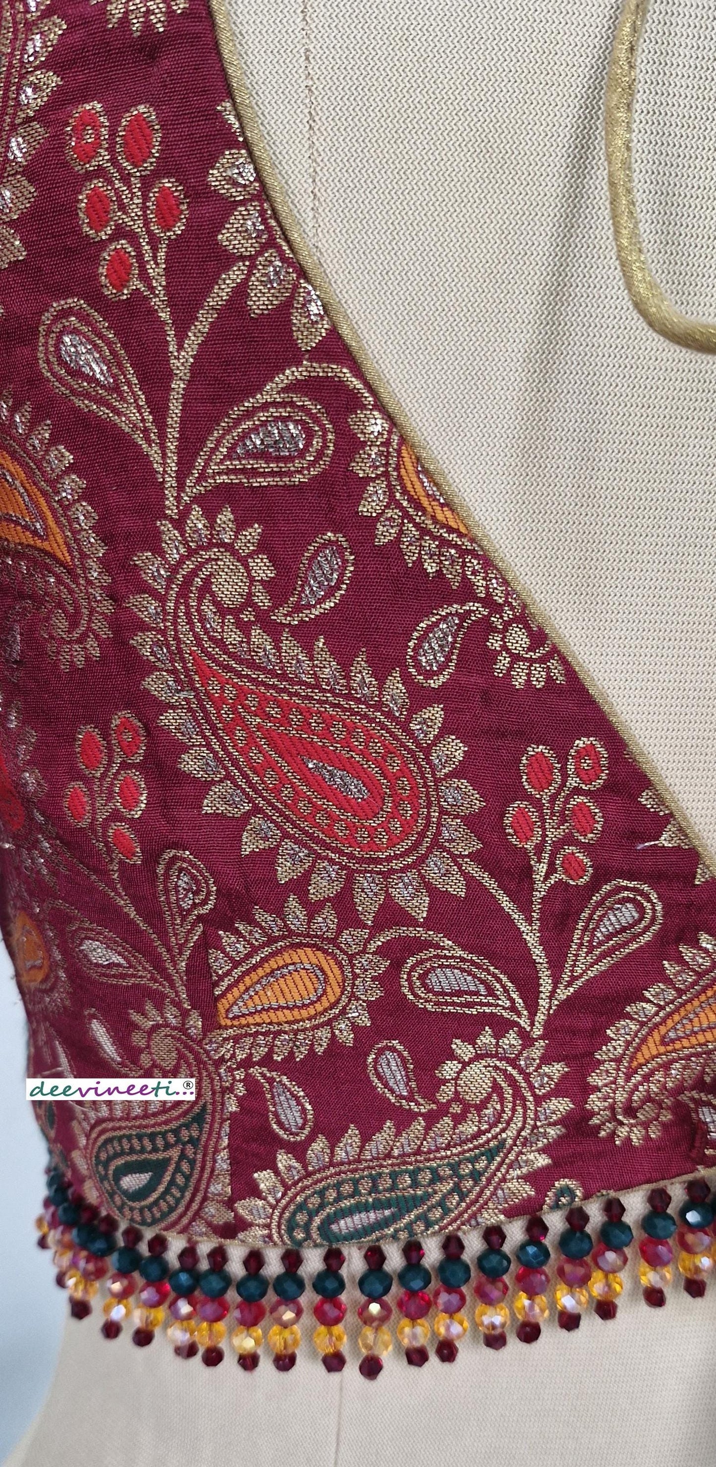 Maroon Brocade Deep Sweetheart Neck Half Sleeves Blouse DVBL_403