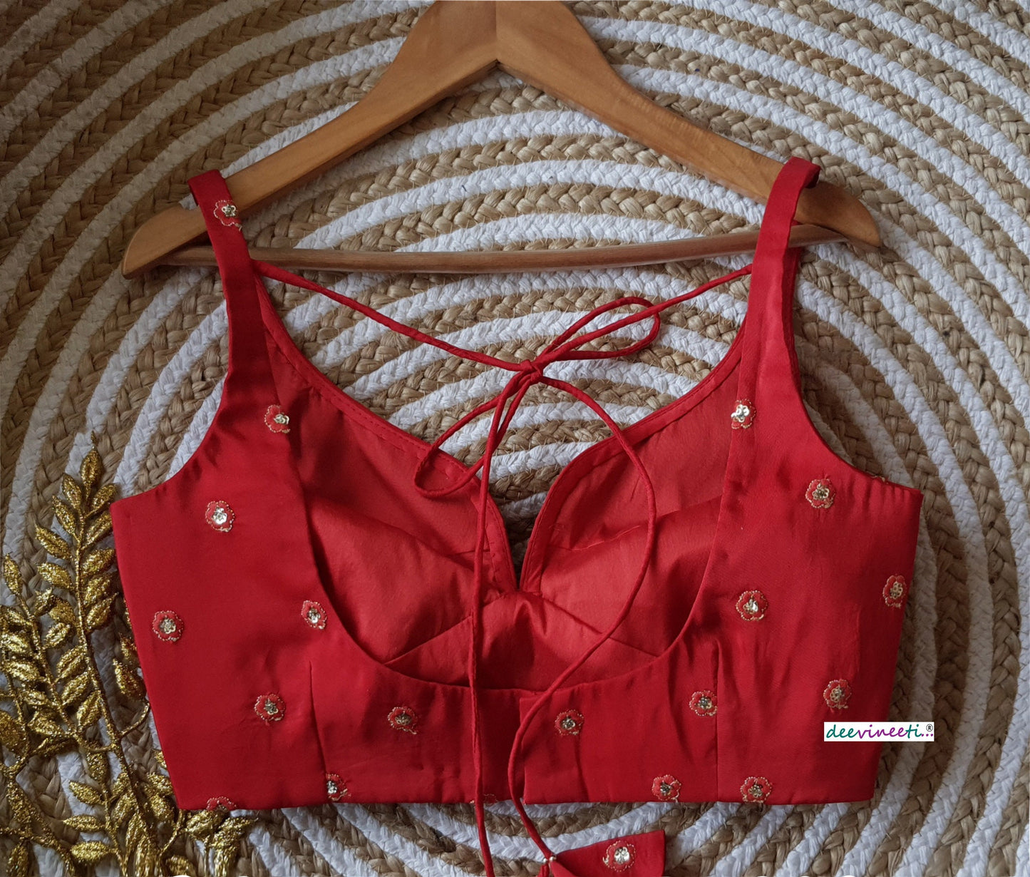 Embroidered Red Silk Deep Sweetheart Neck Blouse DVBL_160
