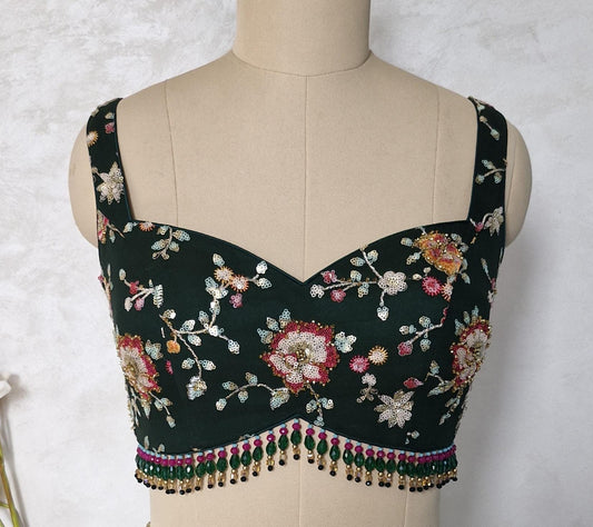 Bottle Green Embroidered Sweetheart Neck Blouse DVBL_441.