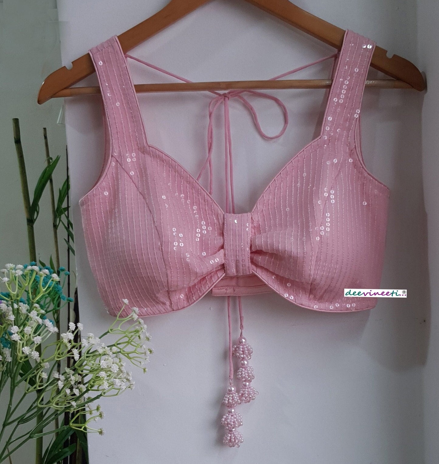 Sequins Embroidered  Pink  Sweetheart Neck Blouse DVBL_288