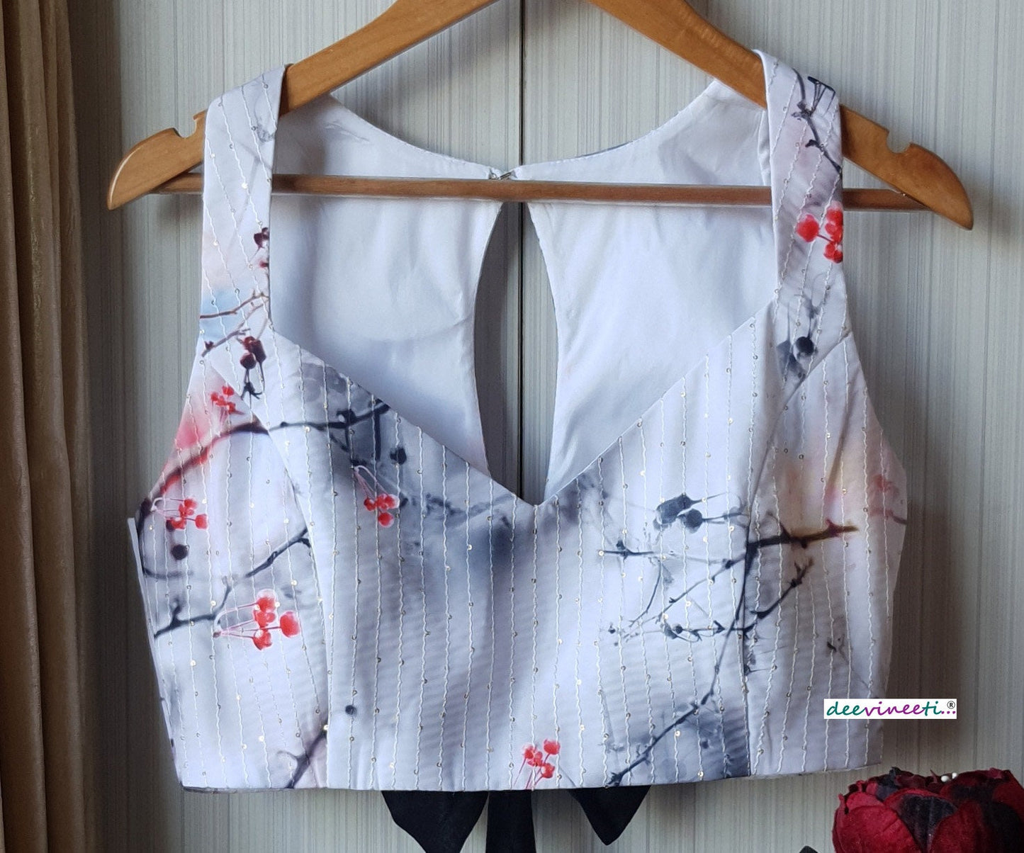 Printed Embroidered White Crepe Halter Blouse DVBL_173