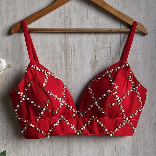 Beads and Sequins Embroidered Red Spaghetti Blouse DVBL_438