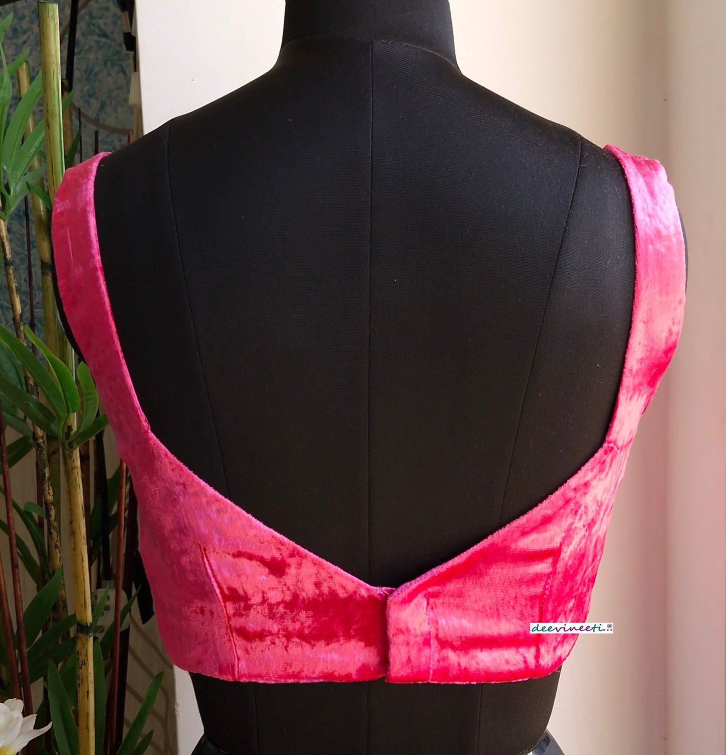 Hot Pink Viscose Velvet Semi Sweetheart Neck Blouse DVBL_334