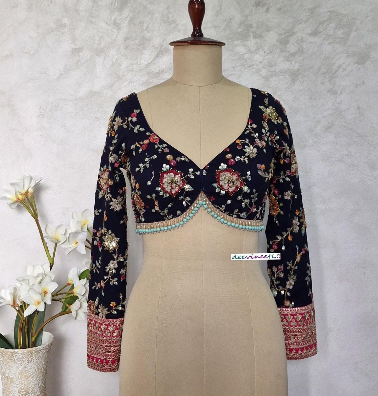 Deep Blue Embroidered Semi Sweetheart Neck Blouse DVBL_401