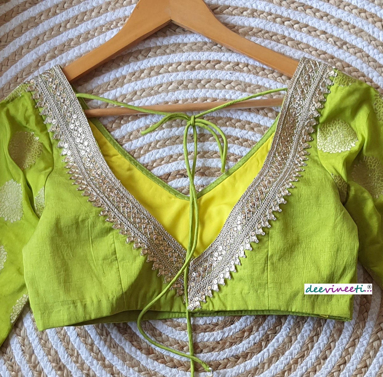 Lime Green Raw Silk Three Fourth Sleeves Blouse DVBL_134