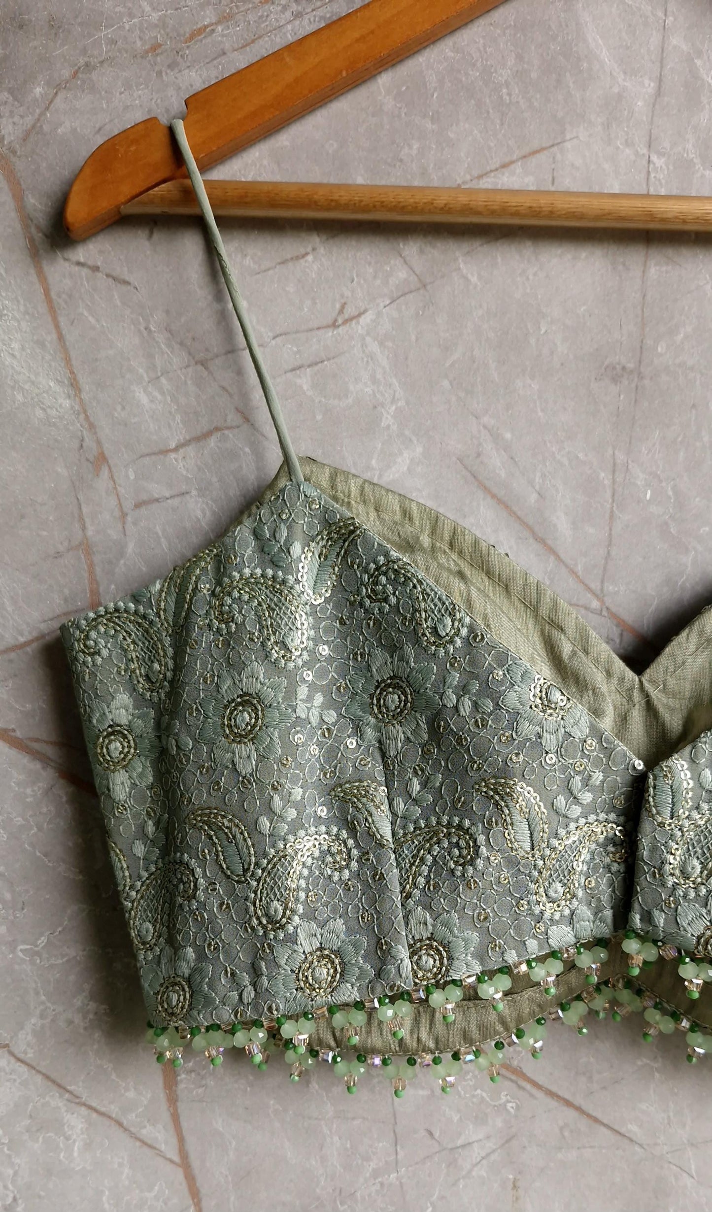 Moss Green Embroidered Georgette V Neck Spaghetti Blouse DVBL_440
