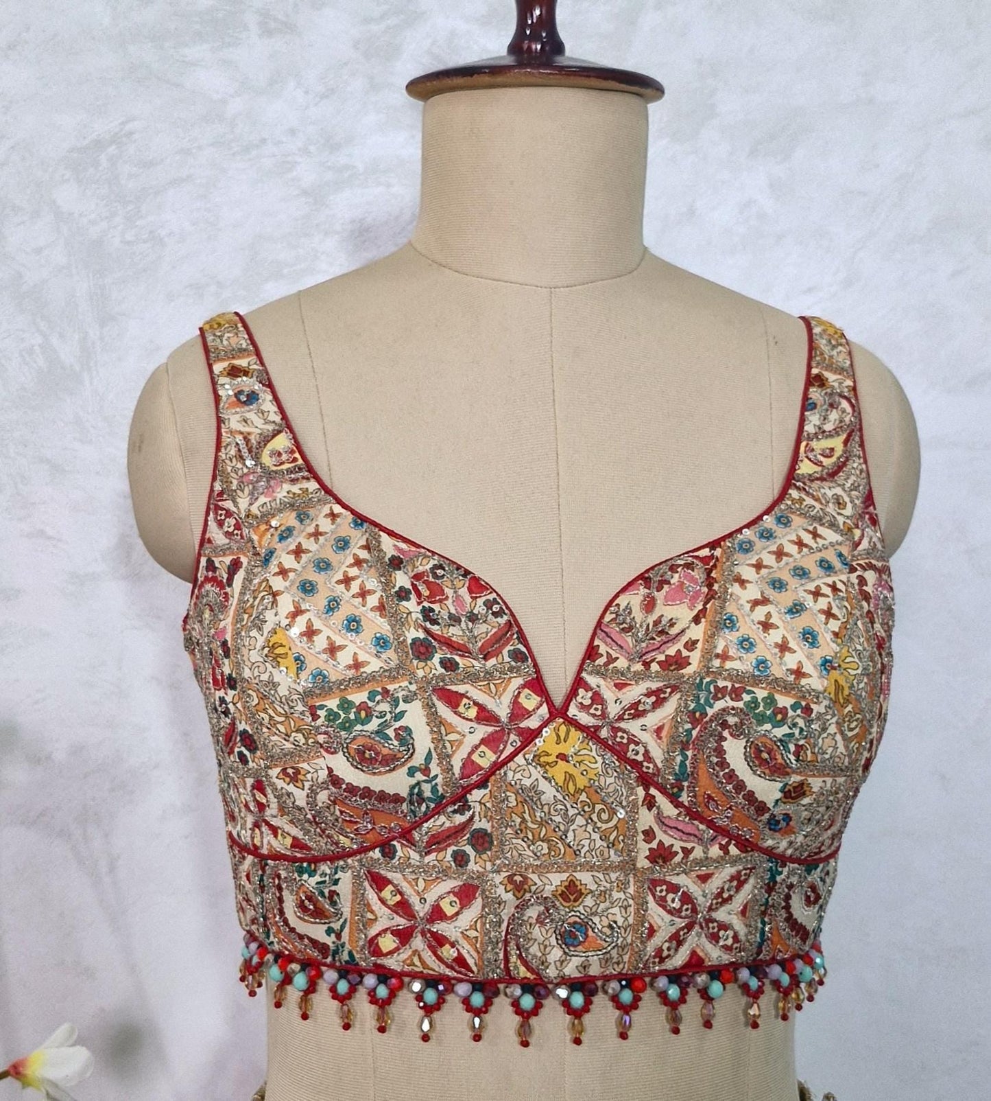 Embroidered Multicolor Chinon Deep Sweetheart Neck Blouse DVBL_434