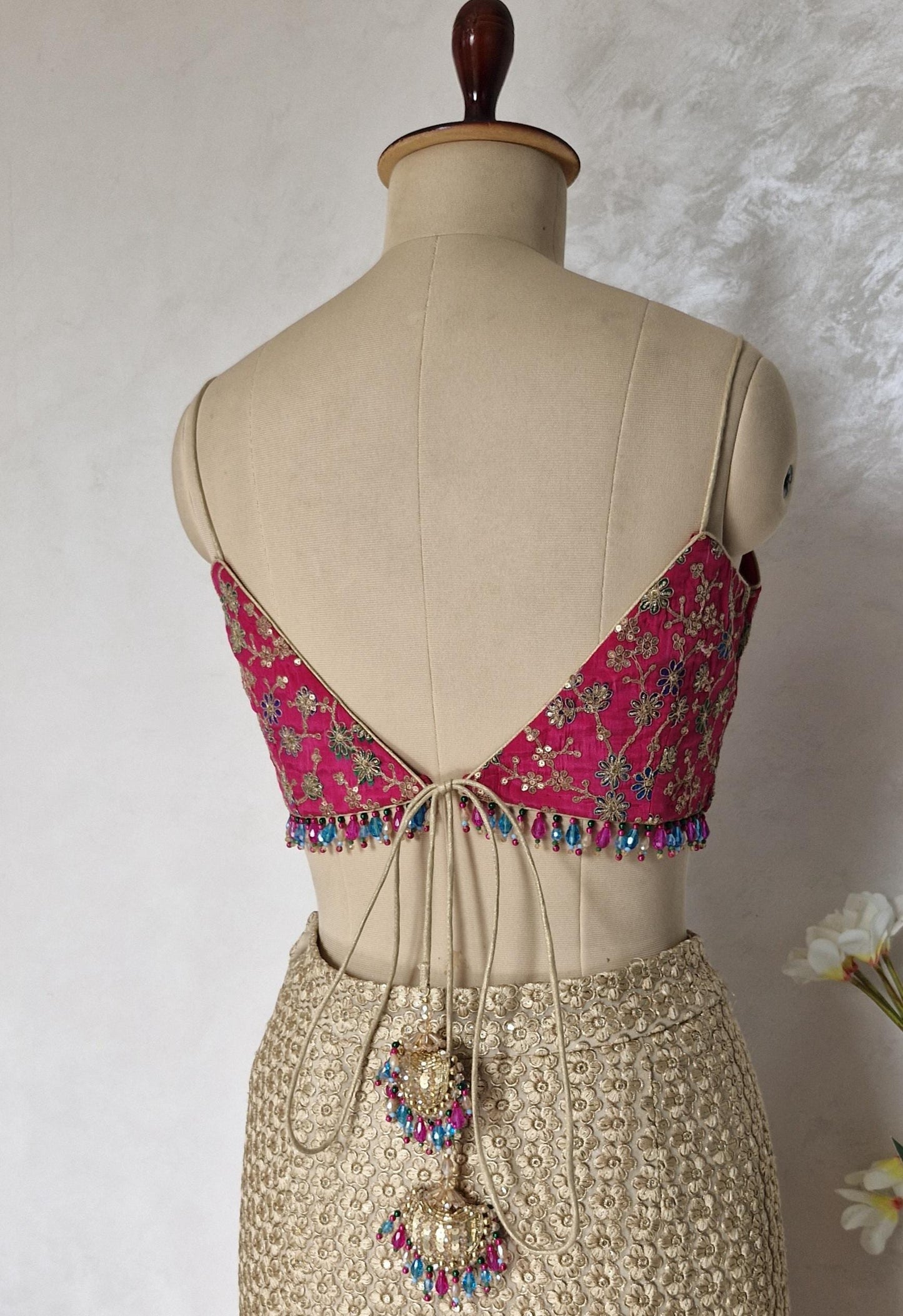 Magenta Pink Embroidered Spaghetti Blouse DVBL_443