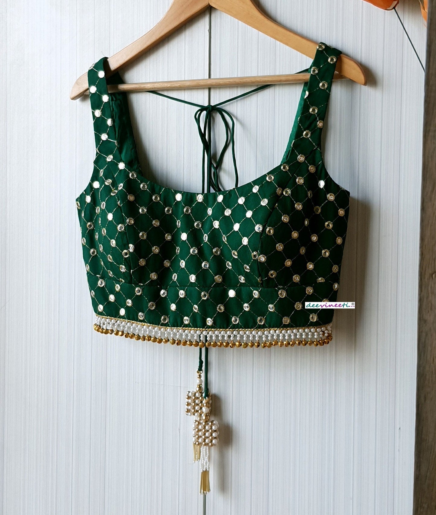 Faux Mirror Embroidered Green Square Neck Blouse DVBL_222