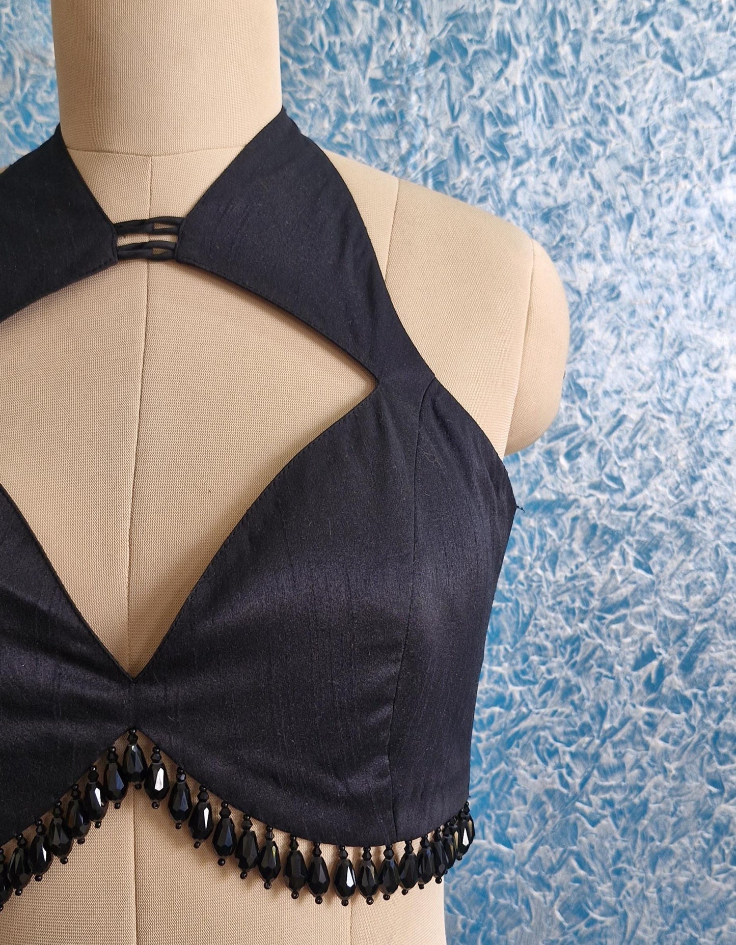 Black Raw Silk Blouse Deep Sweetheart Halter Neck  DVBL_430