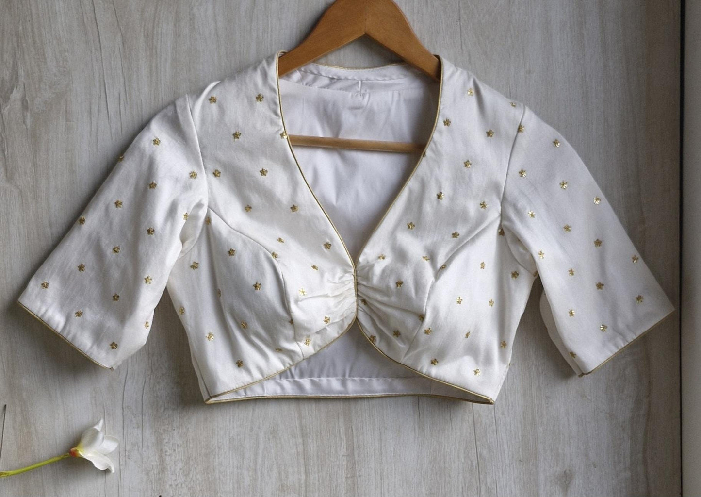 Embroidered Silk Ivory Deep V Neck Blouse DVBL_451