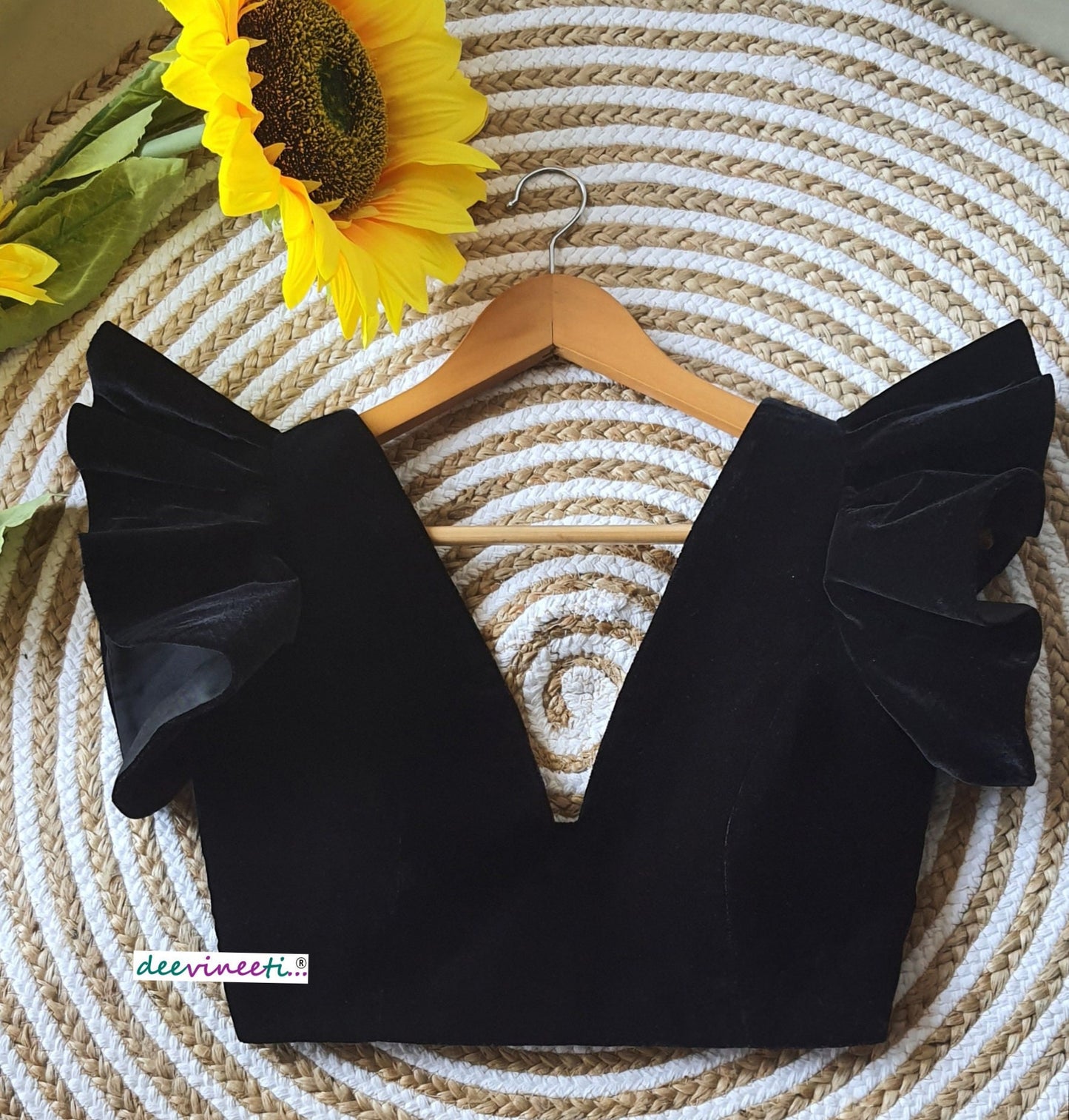 Velvet Deep V Neck Ruffled Sleeves Blouse Black DVBL_078