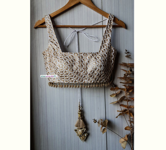 Embroidered White and Gold Square Neckline Blouse DVBL_238