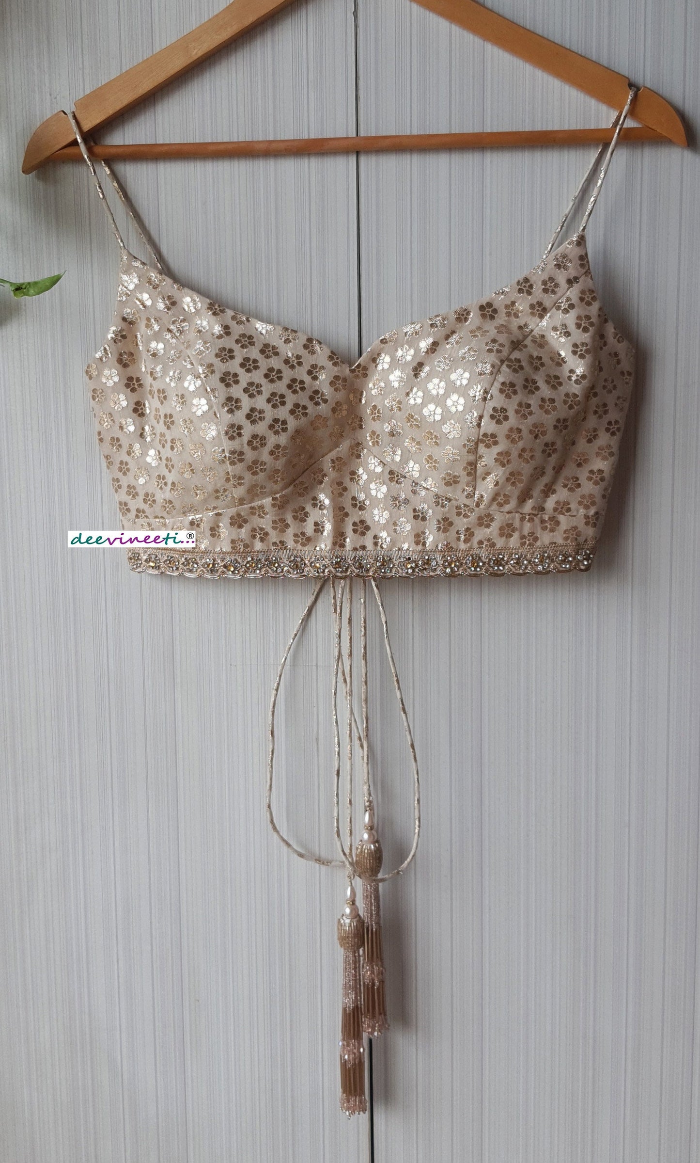 Beige Chanderi Brocade Spaghetti Blouse DVBL_252