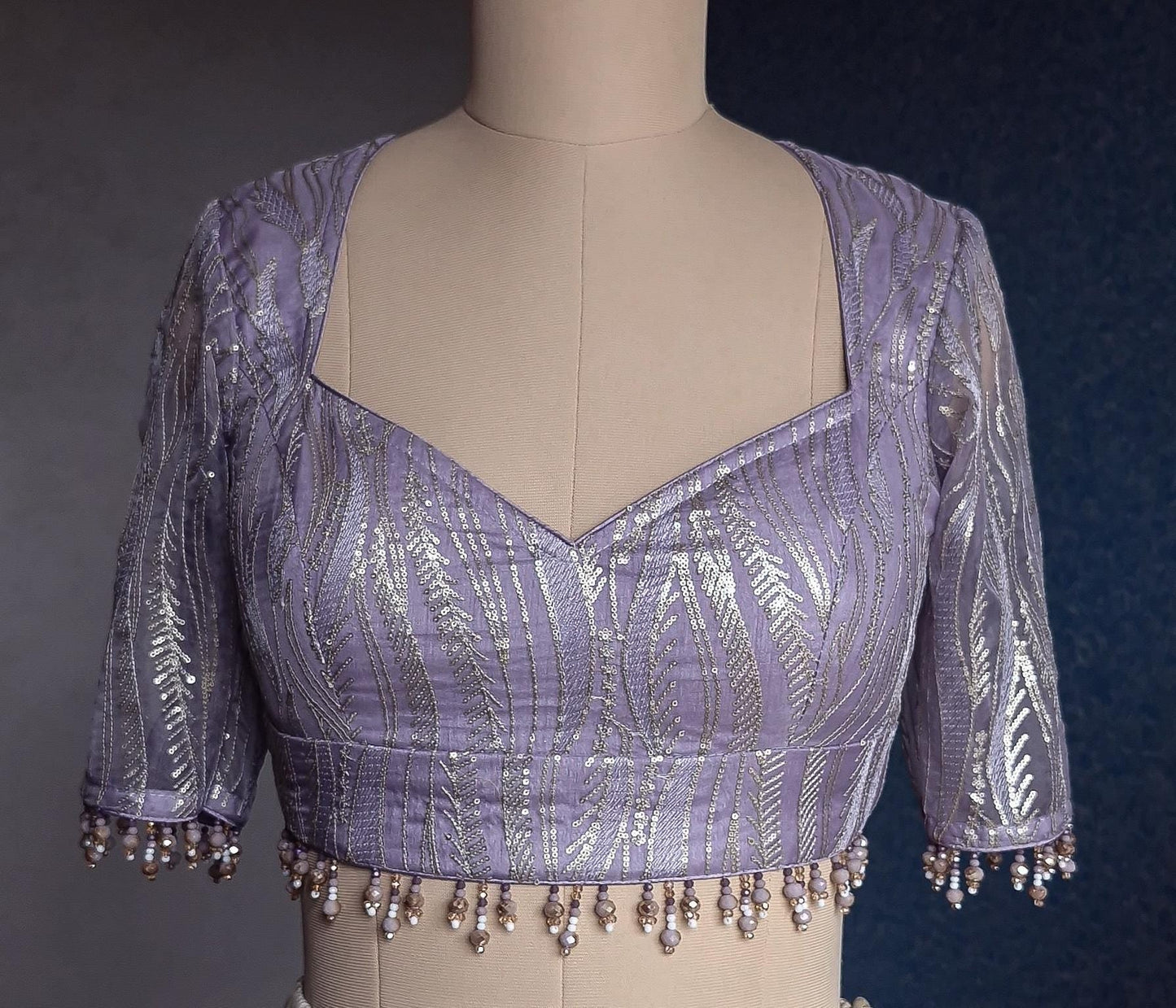 Lavender Embroidered Organza Sweetheart Neck Blouse DVBL_437