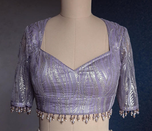 Lavender Embroidered Organza Sweetheart Neck Blouse DVBL_437