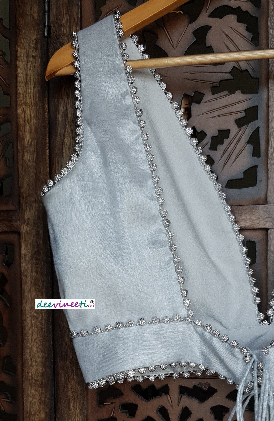 Silver Embellished Tissue Silk  Plunge Neckline Blouse DVBL_115