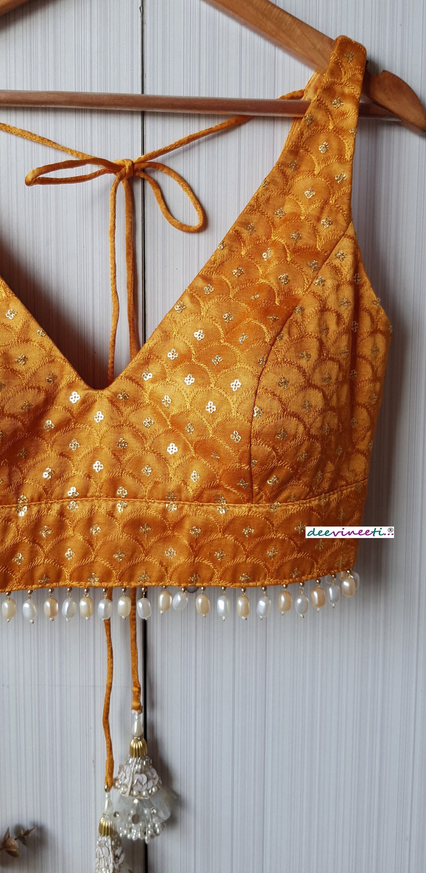 Mustard Embroidered Gajji Silk Deep V Neck Blouse DVBL_209