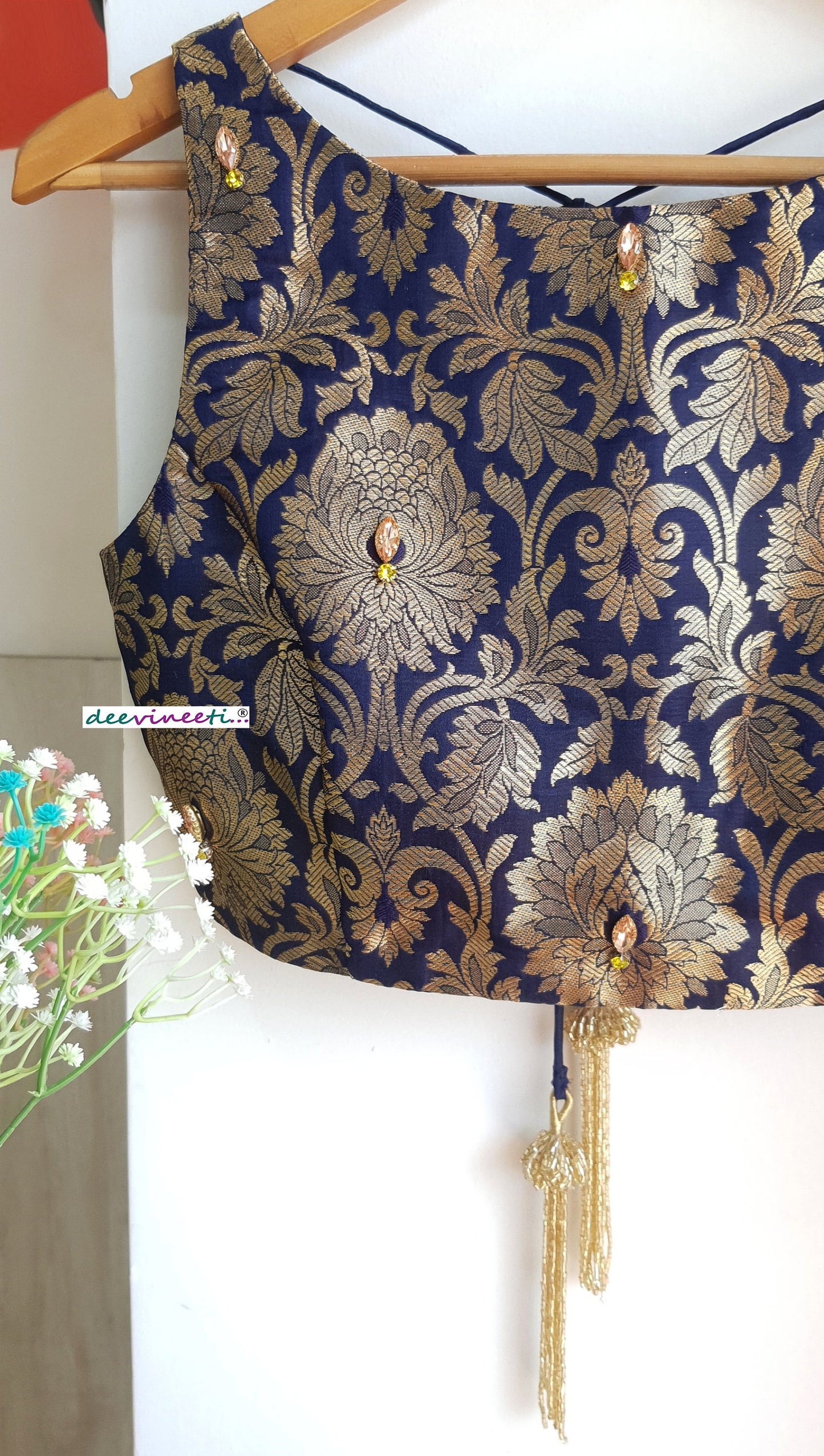 Deep Blue Brocade Blouse Sleeveless Boat Neck DVBL_127