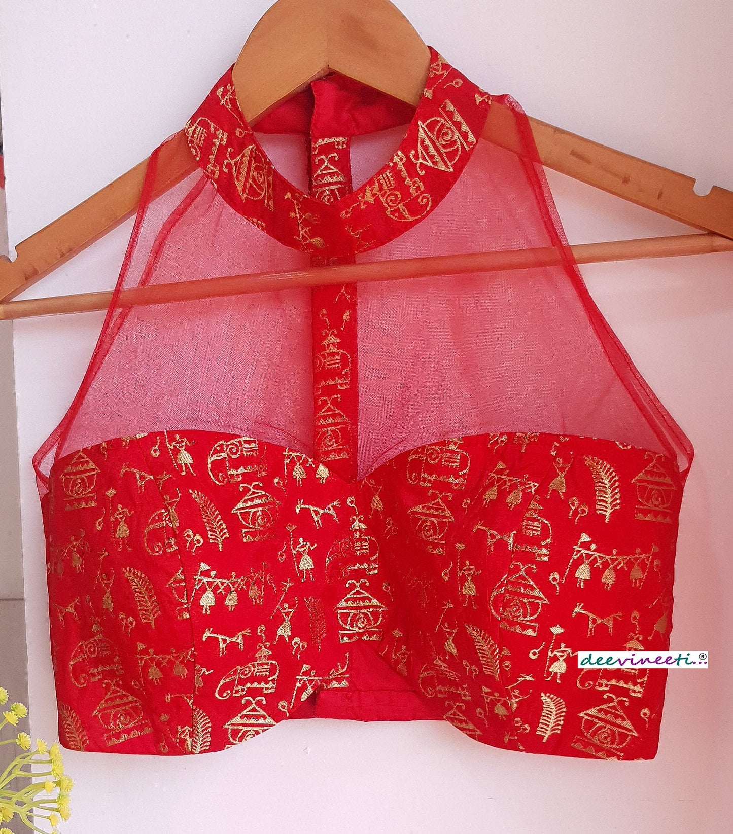 Red Brocade Silk and Net Halter Blouse DVBL_296