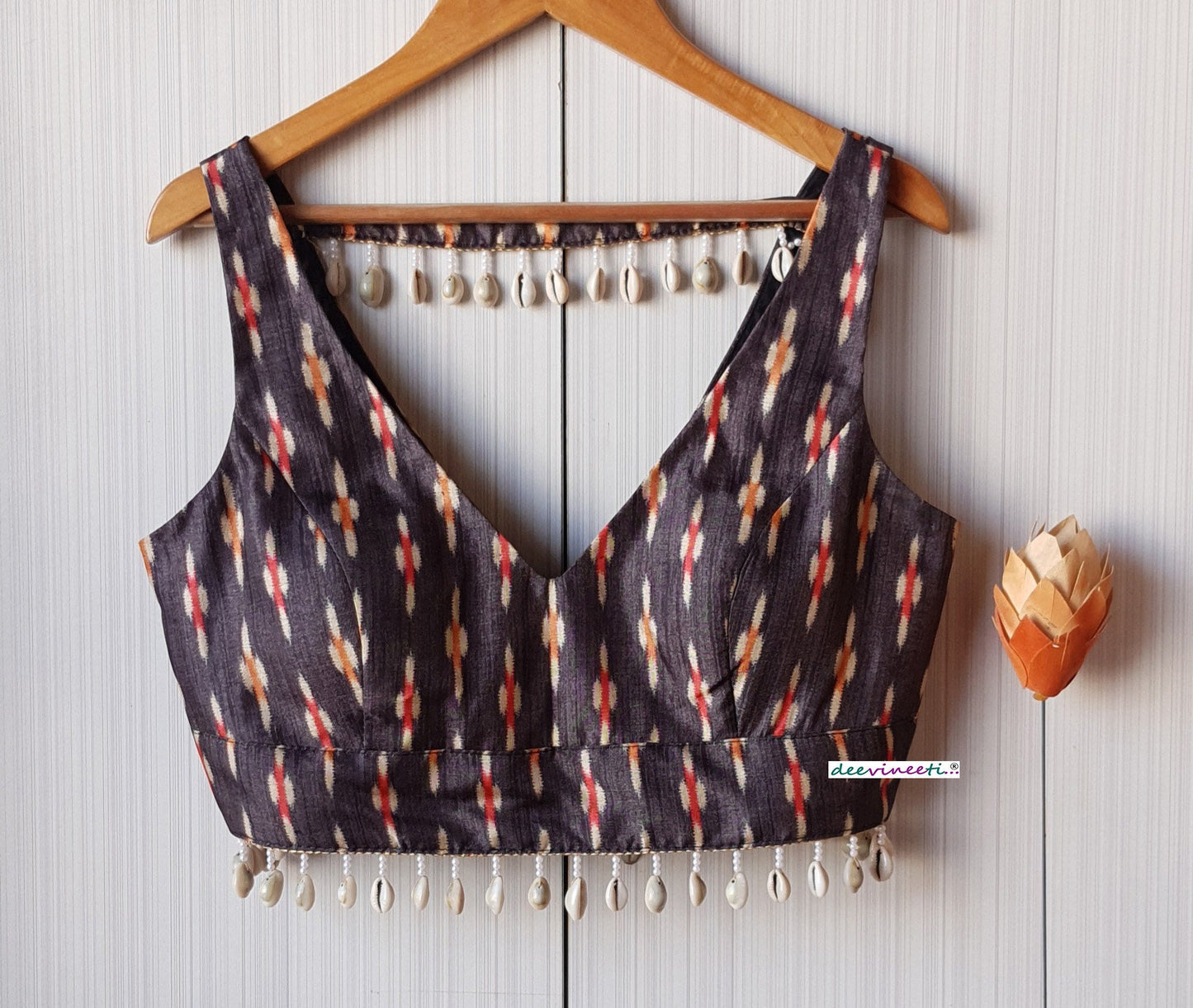 Grey Ikkat Print Khadi Silk Deep V Neck Blouse DVBL_224