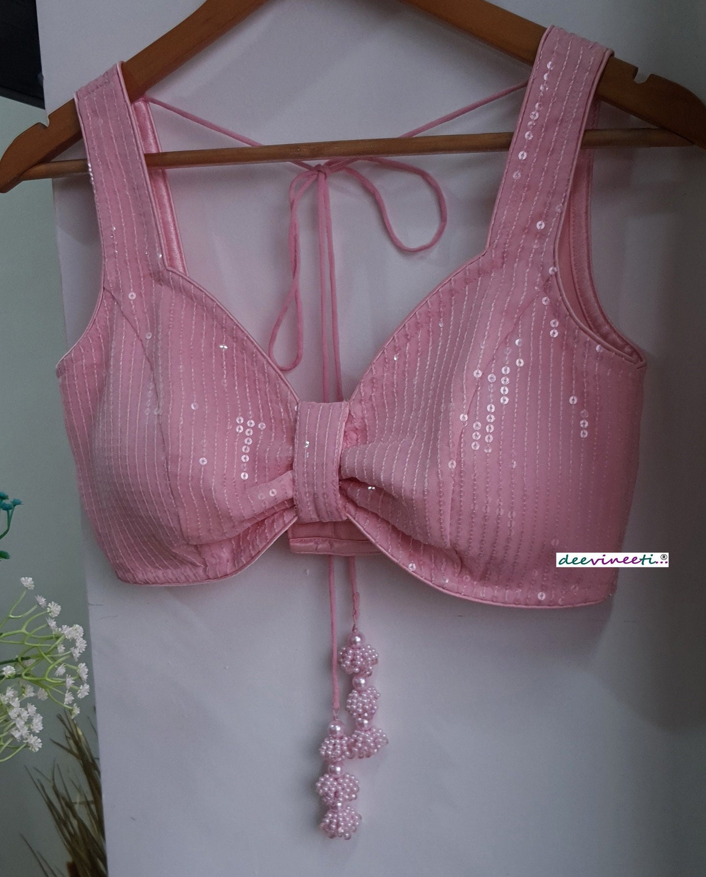 Sequins Embroidered  Pink  Sweetheart Neck Blouse DVBL_288