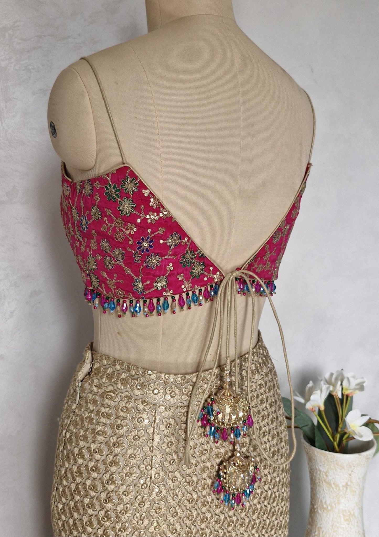Magenta Pink Embroidered Spaghetti Blouse DVBL_443