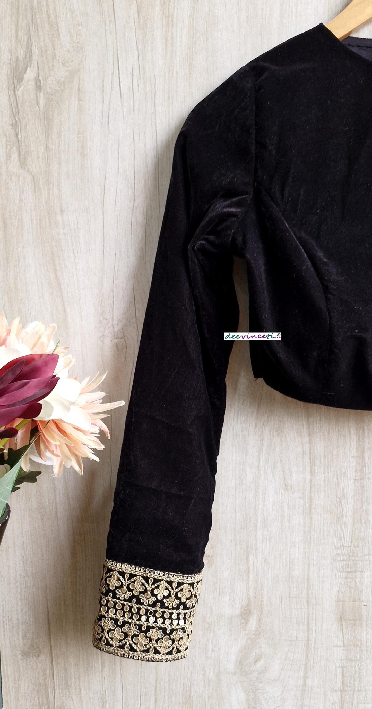 Black Velvet Jewel Neck Full Sleeves Blouse DVBL_388