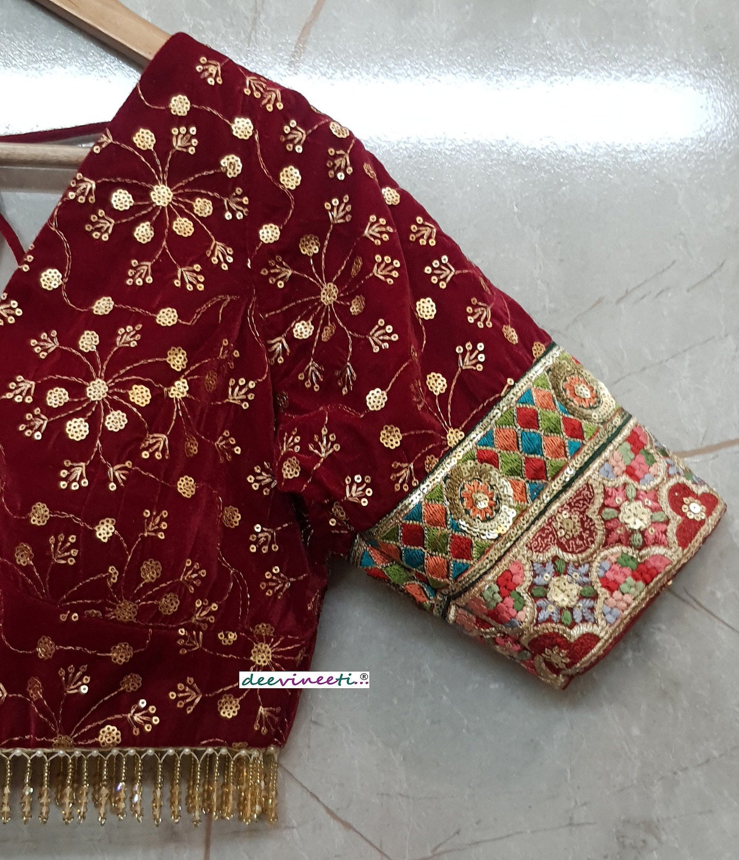 Maroon Embroidered Velvet Deep V Neck Blouse DVBL_200