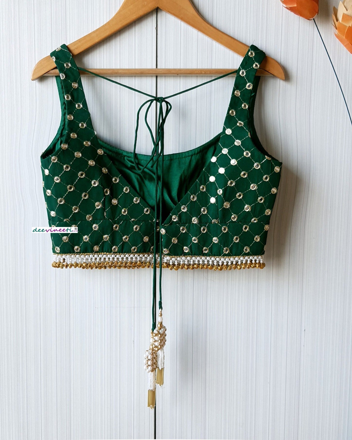 Faux Mirror Embroidered Green Square Neck Blouse DVBL_222