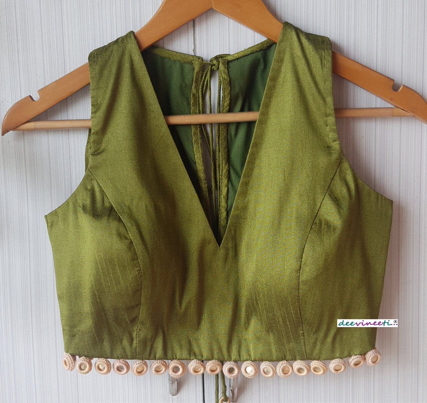 Raw Silk Deep V Neck Blouse with Mirror Fringe  DVBL_251
