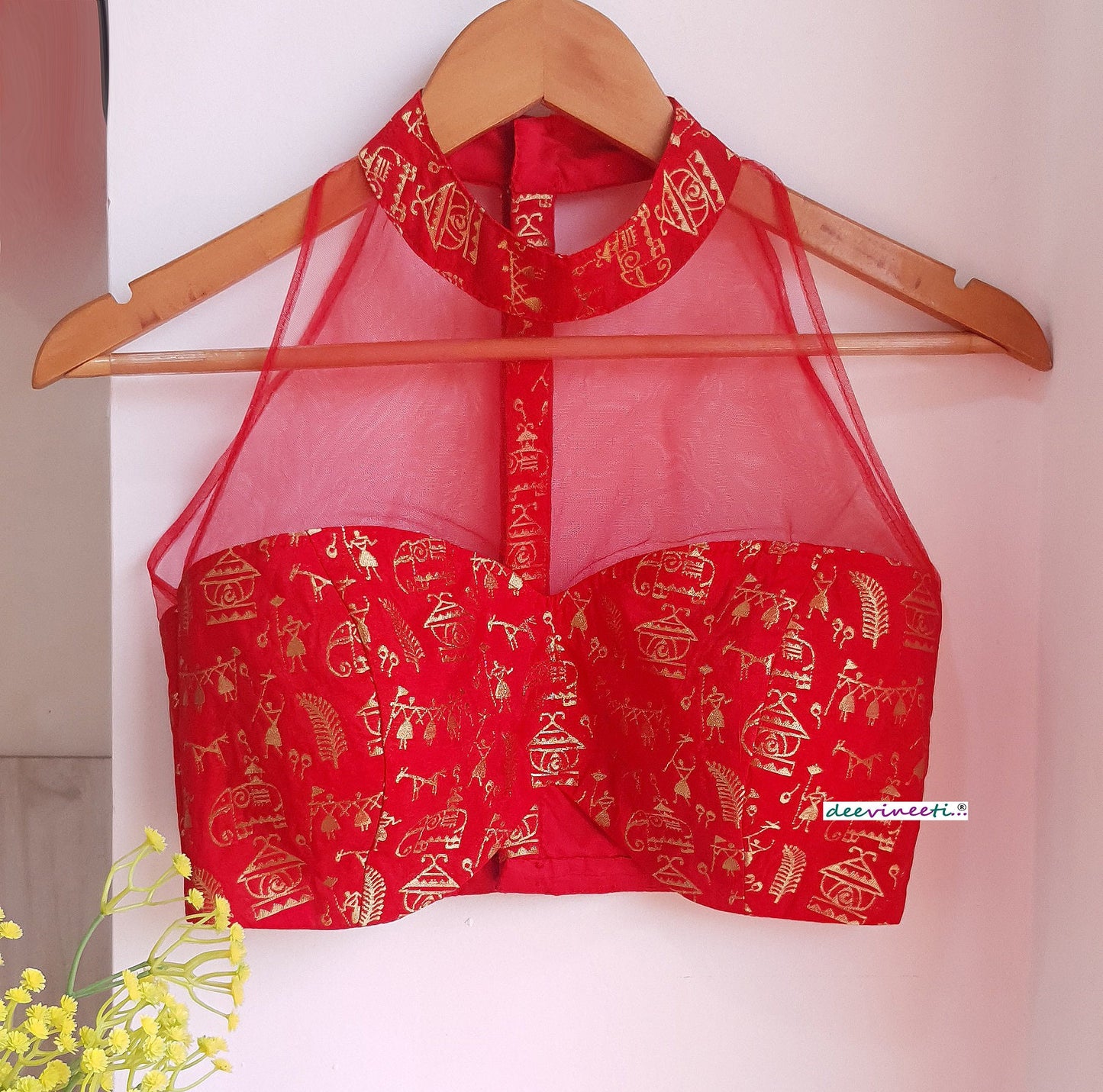 Red Brocade Silk and Net Halter Blouse DVBL_296