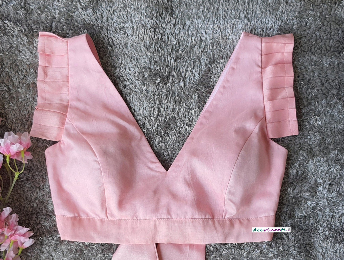 Pink Tussar Silk V Neck Pleated Sleeves Blouse  DVBL_220