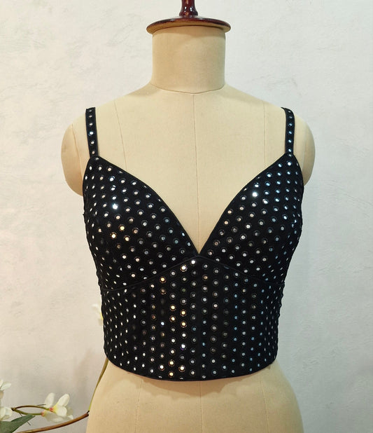Black Faux Mirror Embroidered Spaghetti Corset Blouse DVCB_007