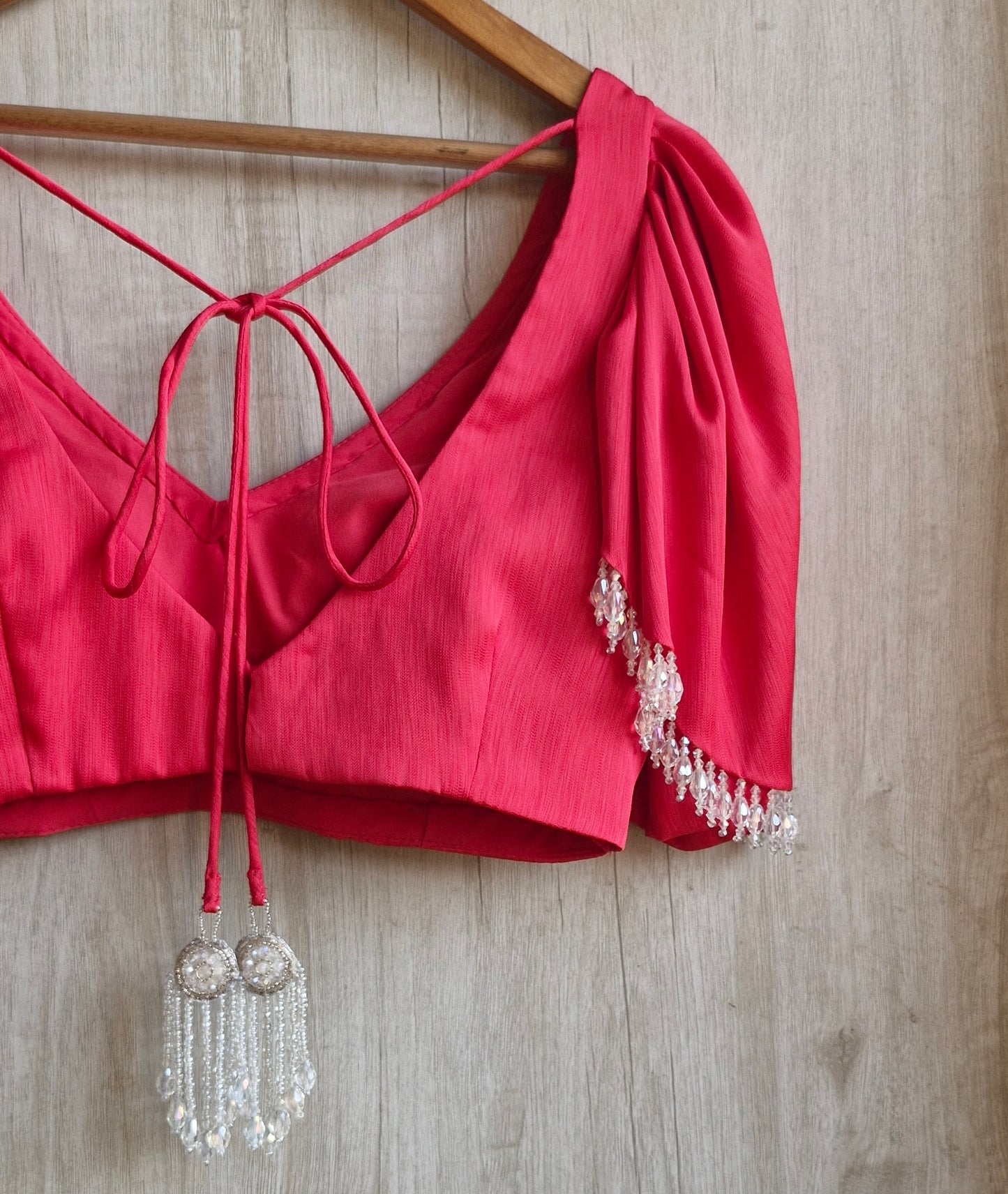 Pink Art Silk V Neck Ruffle Sleeves Blouse DVBL_468